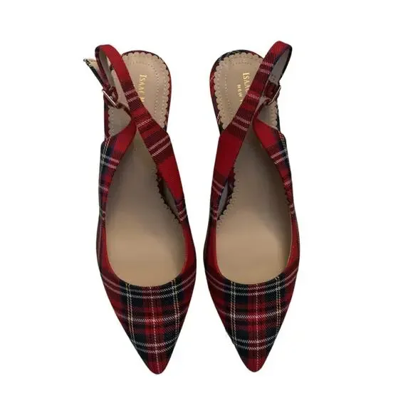 Isaac Mizrahi Red Green Plaid Slingback Pointed Toe Heels Size 8.5 Pumps Preppy - Picture 1 of 9